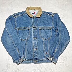 Vtg Tommy Hilfiger Jean Jacket Denim Beige Collar Sz XL
